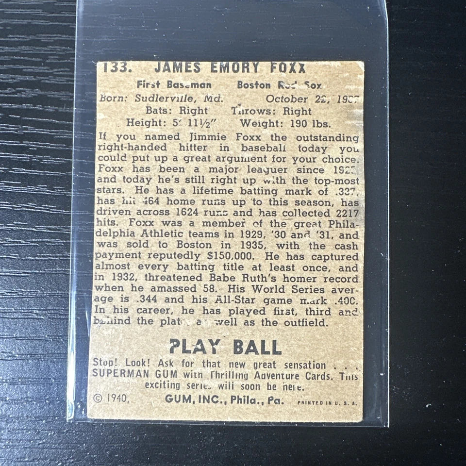 Juego de bolas de juego 1940-Break #133 Jimmie Foxx en muy buen estado+ de colección Medias Rojas de Boston. RECORTADO Foto 2 de 2