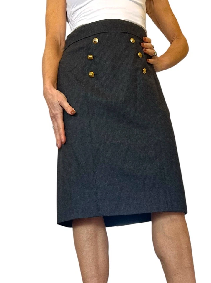 TIBI NEW YORK SKIRT GRAY WOOL PINSTRIPE PENCIL CAREER OFFICE GOLD BUTTONS 8 - Image 3 of 4