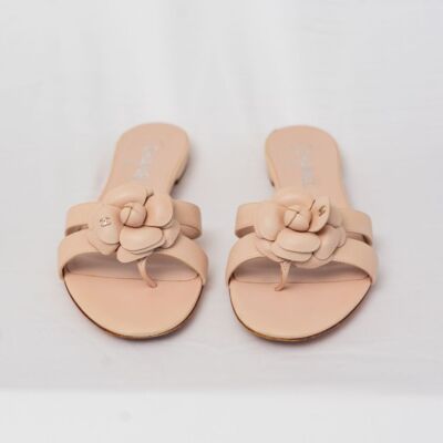 Chanel Nude Leather CC Camellia Flat Slides 38 | eBay