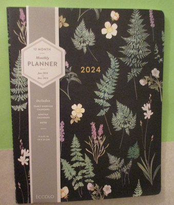 2024 MONTHLY 10X8 PLANNER - White & Pink Wild Flowers Fern on Navy Blue - Eccolo
