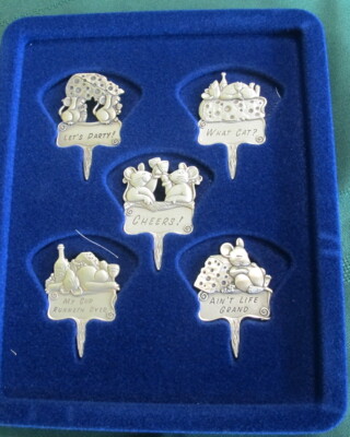 5 NIB VTG Pewter Lindsey Clair Cheese Markers Mouse Mice Wine Cat Party Grapes
