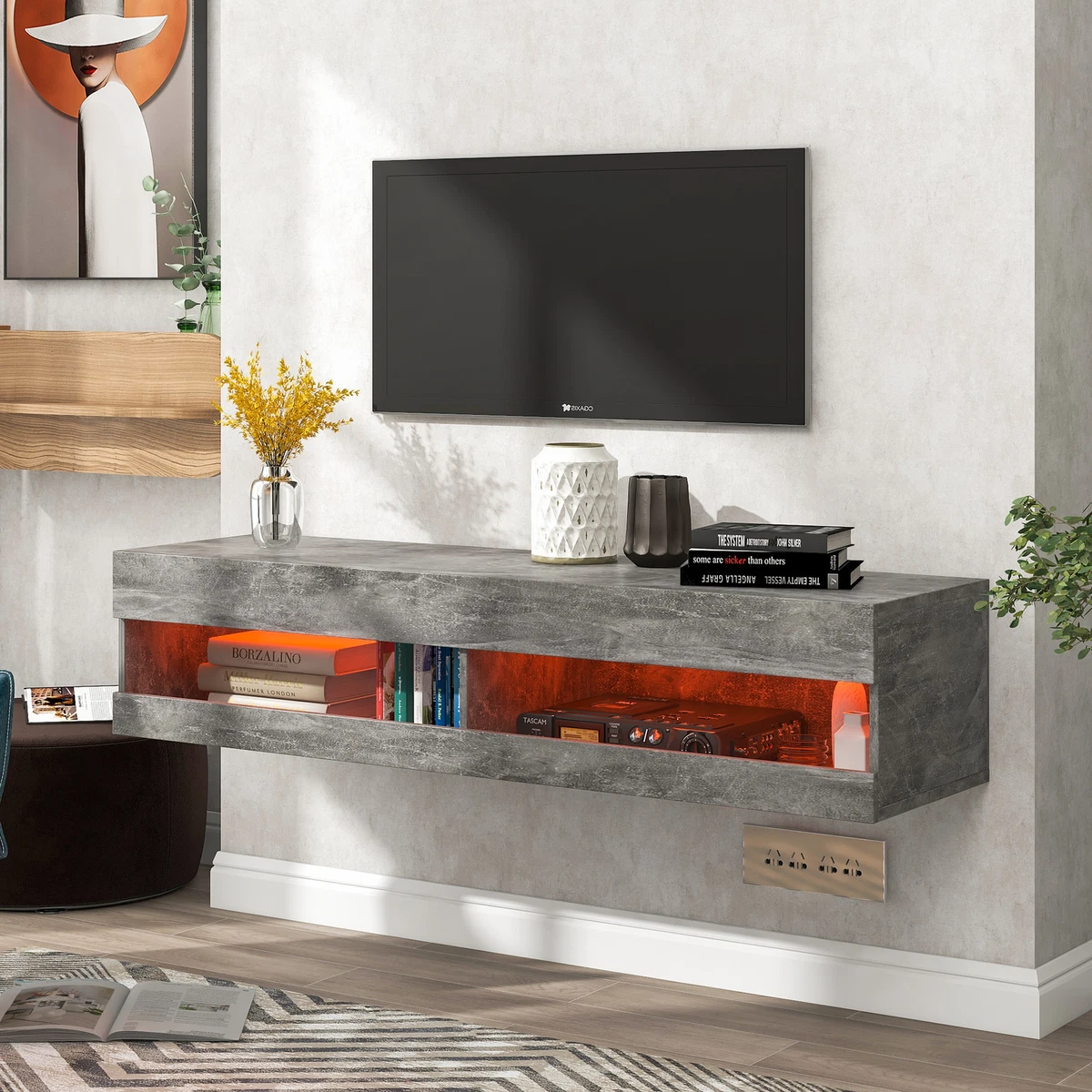 Wall Mount Floating TV Unit Cabinet Stand With LED Lights TV Entertainment Wood