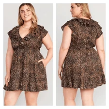 Old Navy Waist-Defined Ruffle-Trim Mini Dress Leopard Print Size Large