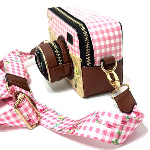 Betsey Johnson Oh Snap Camera Crossbody Purse Pink Gingham Flowers Floral Kitsch - Picture 8 of 17