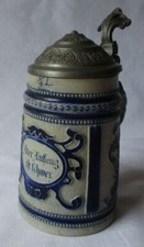 alter blauer Keramikkrug mit Zinndeckel um 1910