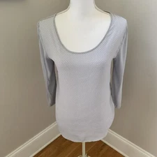 LOFT Womans Gray 3/4 Sleeve sheer front stretch knit back blouse size small