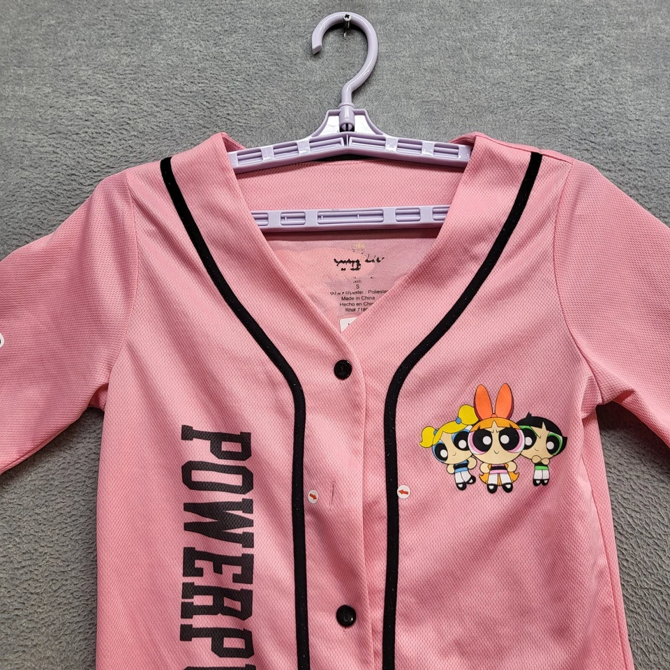 Camiseta deportiva de béisbol rosa pequeña Powerpuff para niñas y mujeres con gráfico LEER Foto 3 de 4