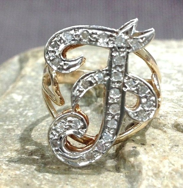 Vintage Women's 14k Yellow & White Gold Letter F Script Initial Diamond