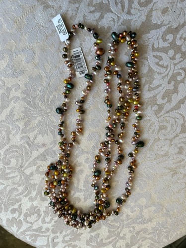 14K Solid Gold Beads and Freshwater Multi Color Pearls Necklace 35" Long - Picture 2 of 12