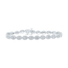 925 Sterling Silver Real Diamond 5mm Halo Oval Link Tennis Bracelet 1/10 CT 7"
