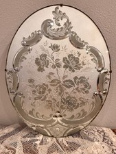 Vintage 1940’s Venetian Oval Etched Glass Wall Mirror, Heavy Wood Back and chain