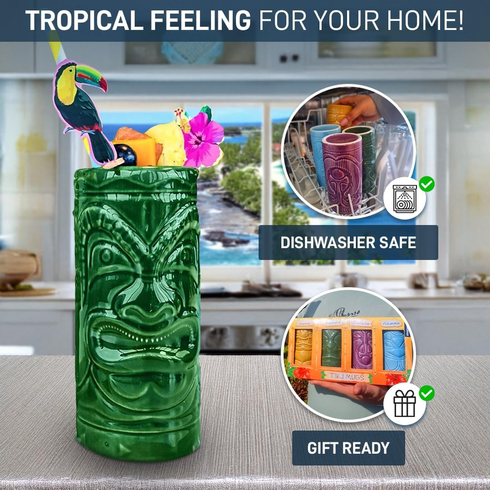 Set di 4 tazze da cocktail tiki in ceramica, per cocktail hawaiani, graziosi bicchieri da cocktail esotici, Tiki Bar professionale hawaiano party barware (confezione da 4