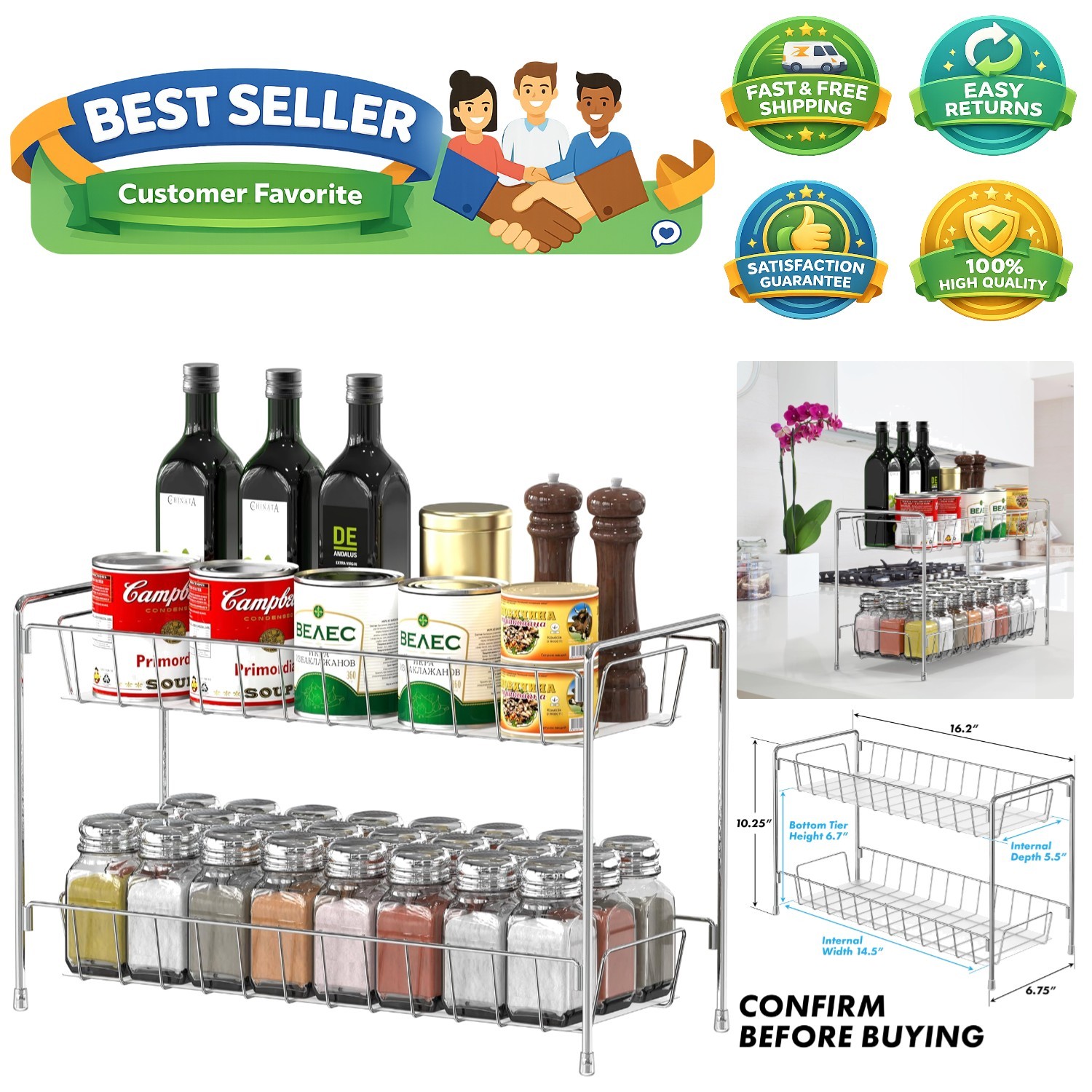 2-Tier Spice Rack Kitchen Organizer Countertop Shelf, Chrome