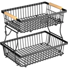2 Tier Fruit Basket for Kitchen Counter with 2 Banana Hangers, Countertop Met...