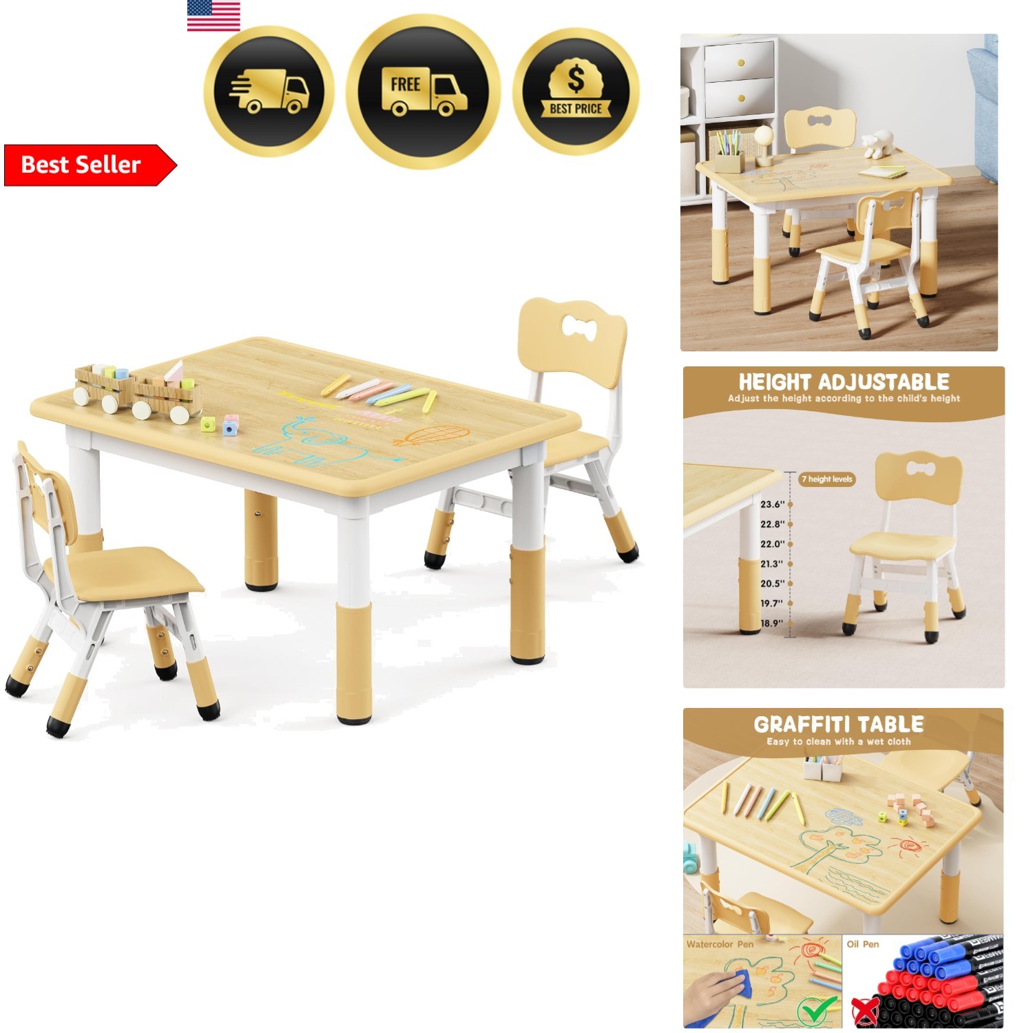 Kids Table and Chairs Set Adjustable Toddler Desk Bedroom Classroom Art