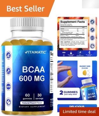 Delicious Peach BCAA Gummies - 600mg  Amino Acids for Recovery - 60 Count