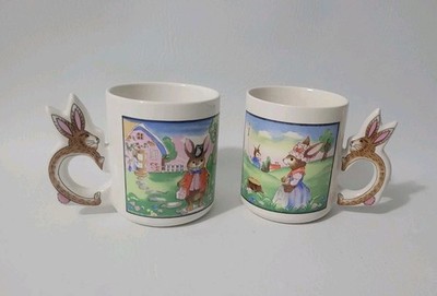 Set Of 2 Vtg Peter Rabbit Cottontail Coffee Tea Mug Cup Bunny Handle Easter