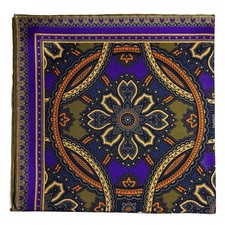 Royal Indigo  Green Large Medallion Silk Pocket Square Hand-Rolled in England 