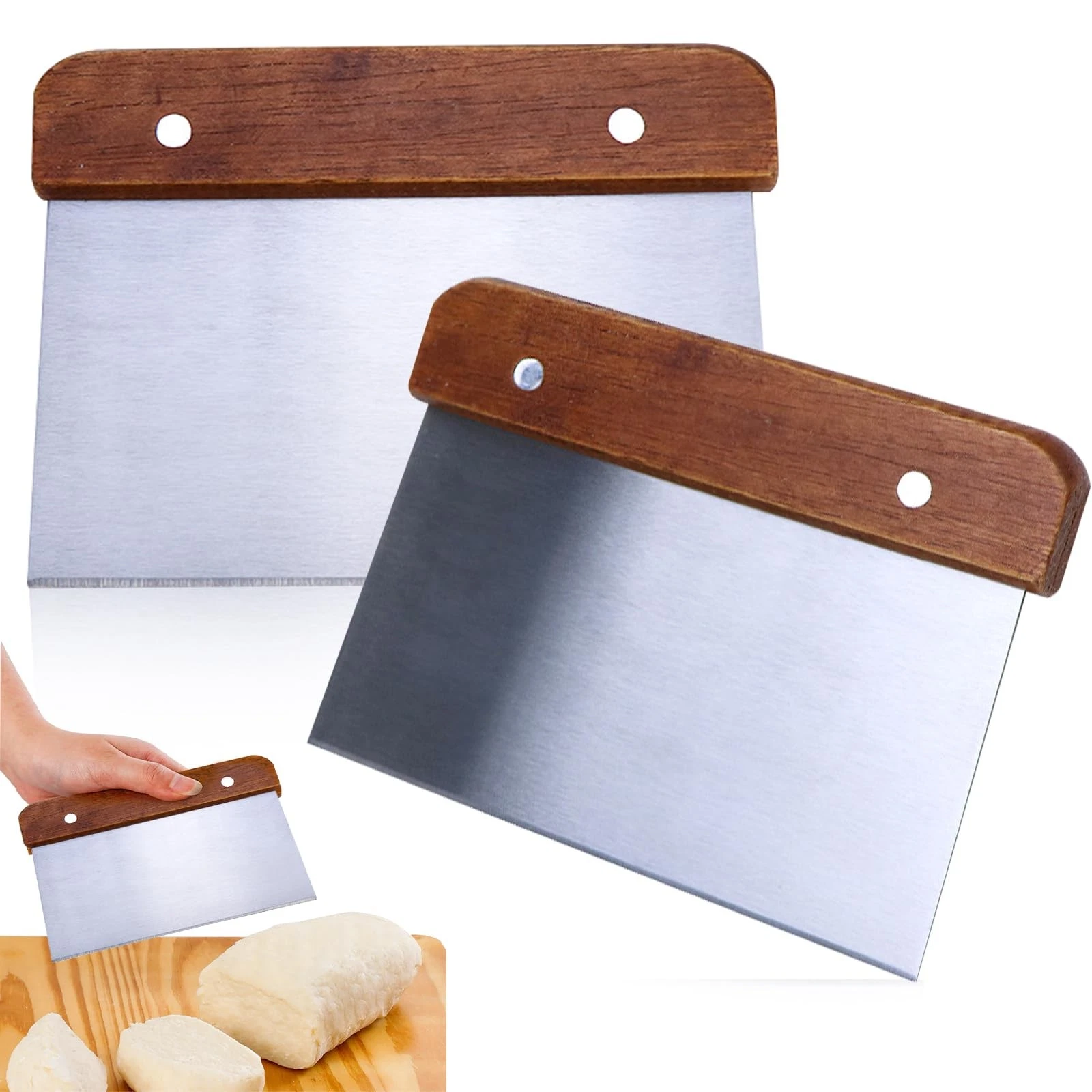2 Pack Dough Scraper Stainless Steel, Dough Card with Wood Handle Dough Scraper Kitchen Te...