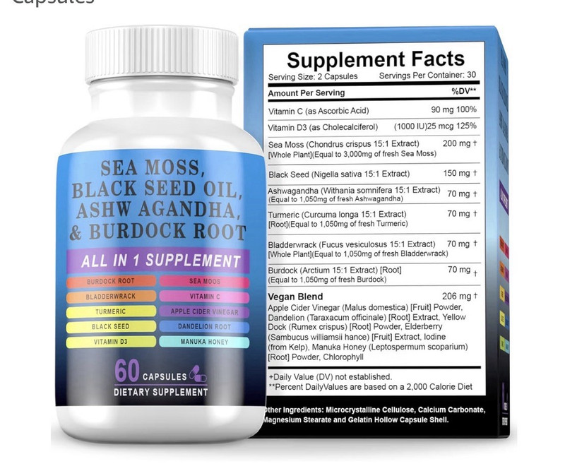 Sea Moss Black Seed Ashwagandha + Vit C & D3 Dietary Supplement 60 Capsules