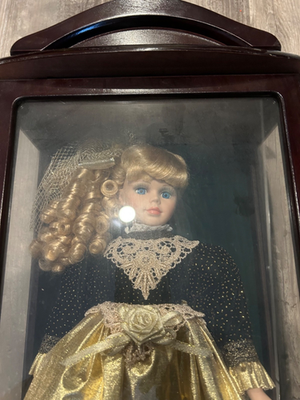 Porcelain Doll Blonde Blue Eyes w/ Wood Glass Display Case