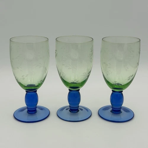 3- Pfaltzgraff Summer Breeze Iced Tea Glasses Etched Green Blue Stemware Goblets