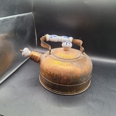 Vintage Copper Tea Pot Kettle With Blue And White Porcelain Handle & Knob on lid