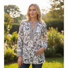 Tory Burch Grey Botanical Paisley Beaded Cotton Tunic Top Size 0 52151135