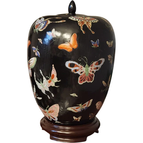 Vintage Chinese Black Porcelain Ginger Jar with Multicolor Butterfly Design Hand