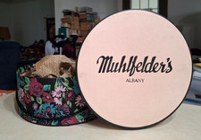 Vintage Muhlfelder's Albany NY Hat Box Floral Art Deco Corded Handle w Lid Round