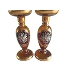 Vintage Murano Style Ruby Amber Glass Candlesticks Pair Enamel Floral Gold 8"