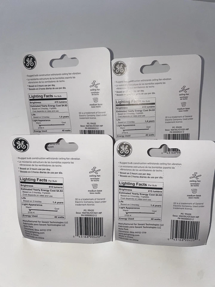 GE 40 Watt 415 Lumens Crystal Clear Ceiling Fan Incan Bulbs 99420 4 pack - Image 3 of 4