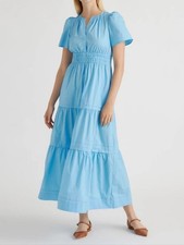 Quince 100% Organic Cotton Poplin Tiered Maxi Dress Cornflower Blue Medium
