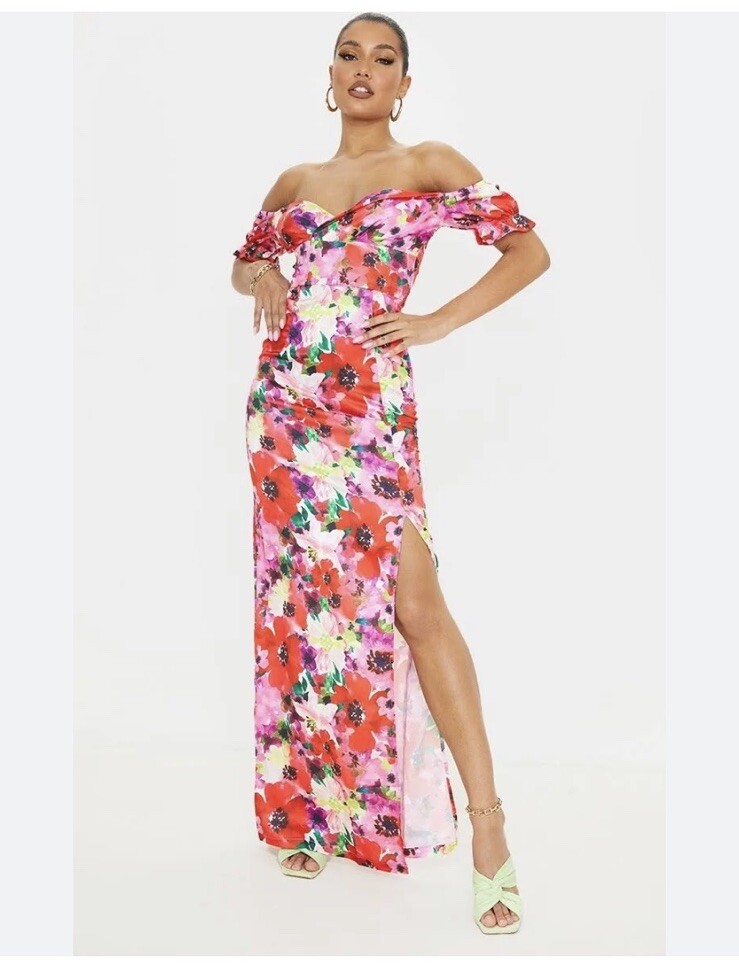 Pretty Little Thing Pink Floral Print Satin High Slit Maxi Dress NWT - Sz 2 | eBay Pretty Little Thing Pink Floral Print Satin High Slit Maxi Dress NWT - Sz 2 | eBay