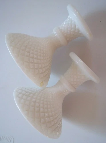 PAIR Vintage 1955 CANDLE HOLDERS White Milk Glass Diamond Hobnail LIKELY FENTON