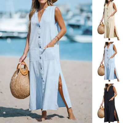 Women's V-Neck Single-Breasted Sleeveless Loose Dresses Women's V-Neck Single-Breasted Sleeveless Loose Dresses