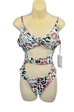TINIBIKINI Animal Print Multicolor One Piece Swimsuit Front Cutouts Large