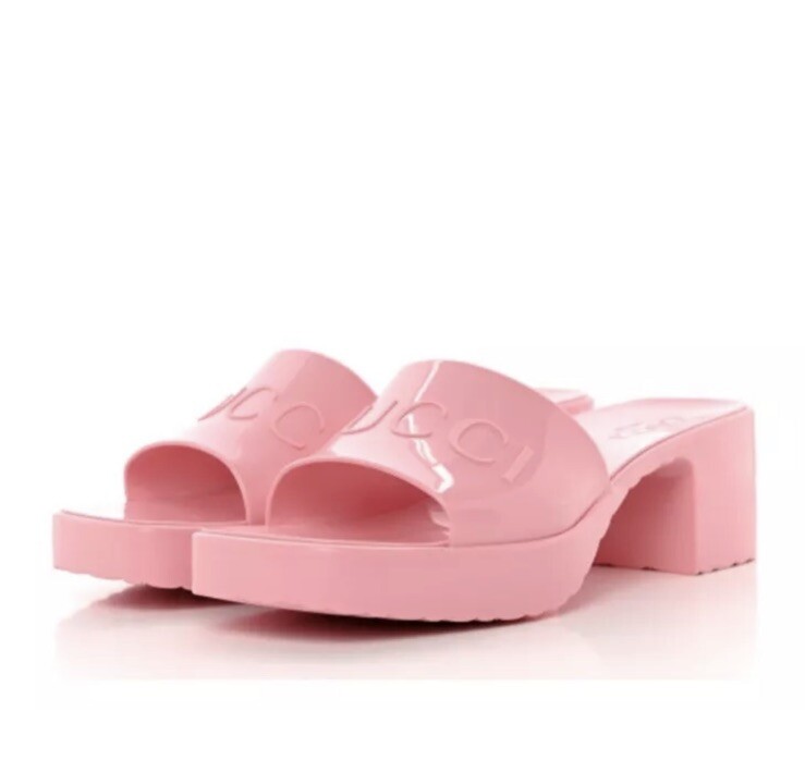 GUCCI Wild Rose Pink Rubber GG Platform Slide Sandals Size Eu 40