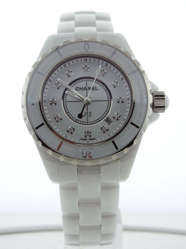 Authentic+CHANEL+J12+White+Ceramic+33mm+Quartz+Diamond+Dial+H1628