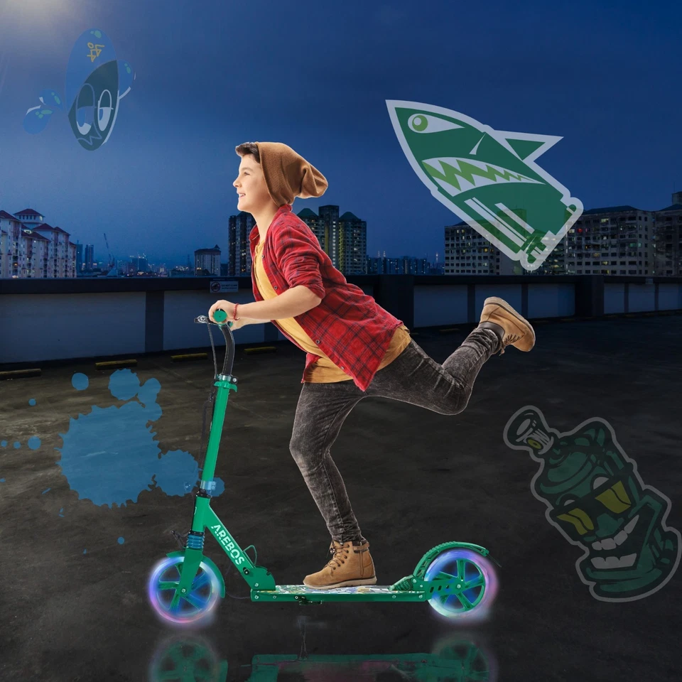 AREBOS Trottinette Pliable LED 200 mm Frein Disque Suspension Adulte Enfant Vert - Photo 3/4