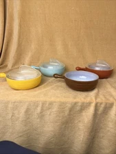 GLASBAKE GLASS CASSEROLE BOWL SET OF 4 W/ 3 LIDS VINTAGE 1950's MCM