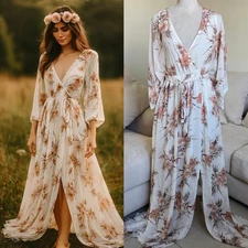 Baltic Born Sz M White Floral Print Maxi Dress V Neck Long Sleeve Bohemian