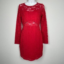 Express Y2K Coquette Red Sheer Lace Bodycon Mini Dress Long Sleeve Size S