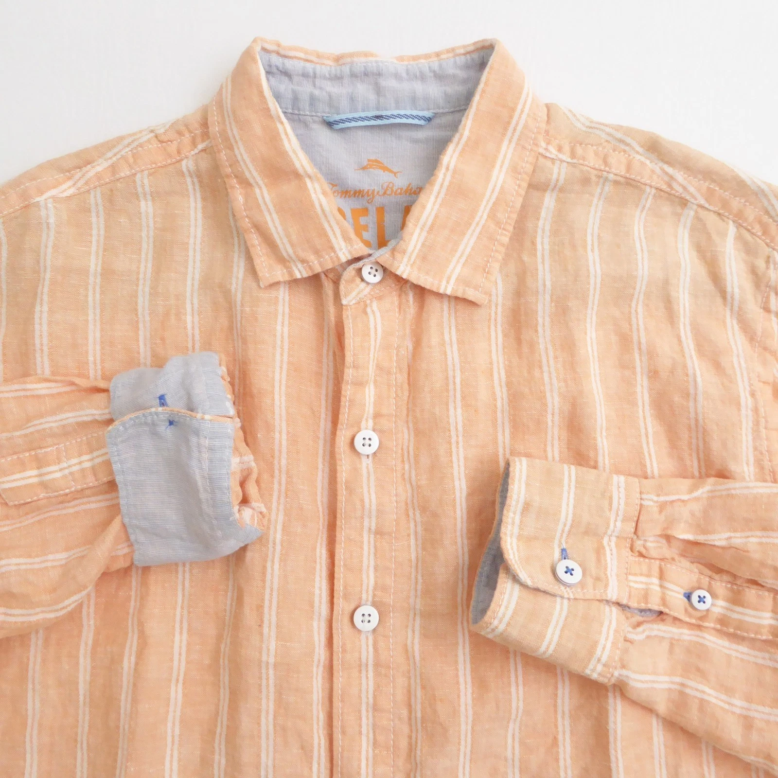 Tommy Bahama Mens Button Up Shirt Orange Striped Linen Long Sleeve Large