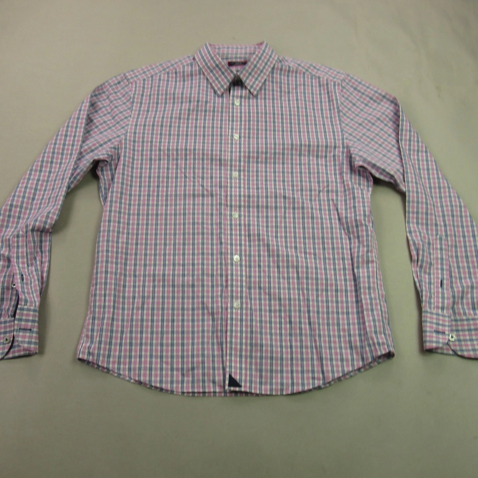 UNTUCKIT Men's Medium Wrinkle Free Pink Blue Plaid Button Down Shirt Long Sleeve