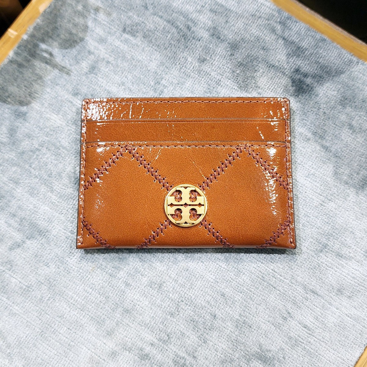 Tory Burch Willa Java Shine Quilted Crinkle Leather Slim Card Case