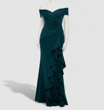 XSCAPE Women's Green Ruffled Solid Off-The-Shoulder Gown Dress Size 10