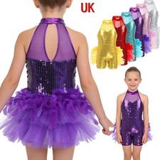 UK Kid Sequins Ballet Jazz Latin Costume Mock Neck Mesh Splice Leotard Dancewear