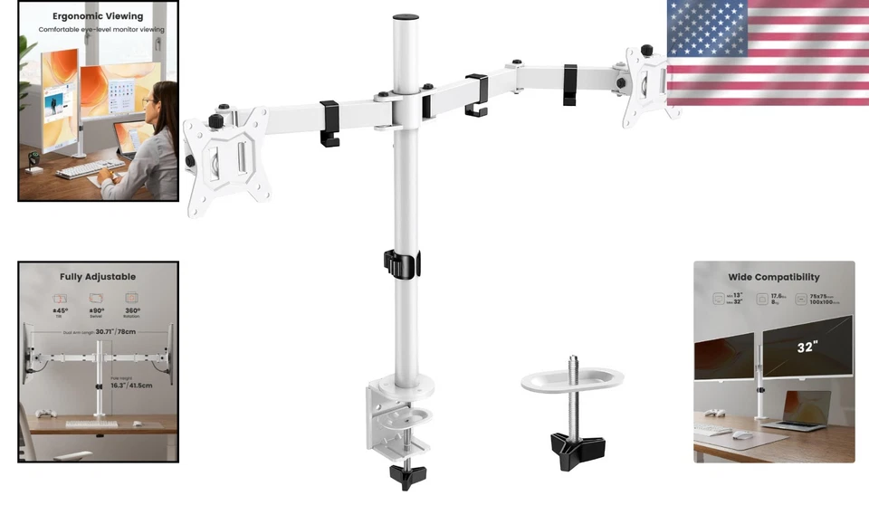 White Desk Mount for Two 32" Monitors, Fully Adjustable - Image 2 of 4