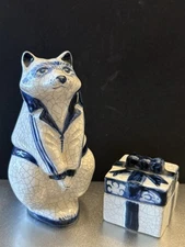 Rare Vintage Dedham Potting Shed Pottery Blue and White Raccoon and Trinket Box